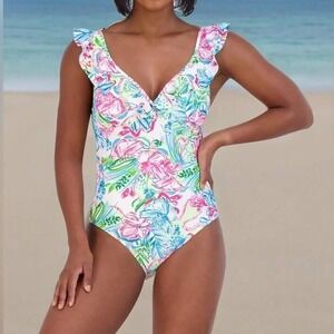 Stella Parker Collection Floral Ruffle One Piece Swimsuit Pink Blue Green 16W